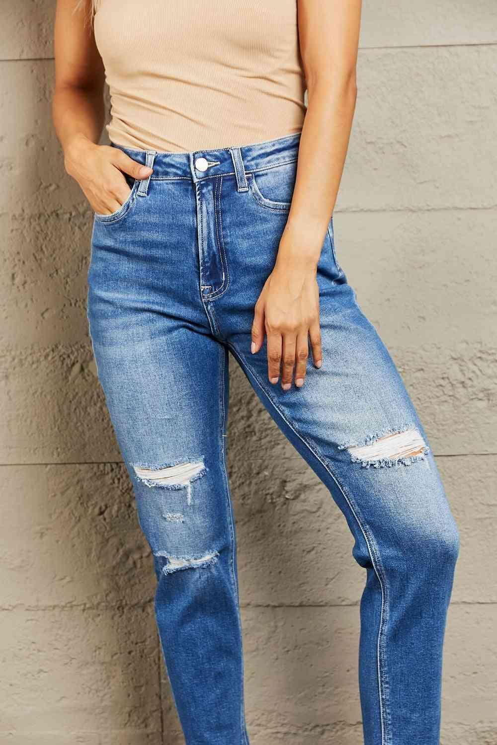 Urban Mode High Waist Distressed Cropped Jeans - MXSTUDIO.COM