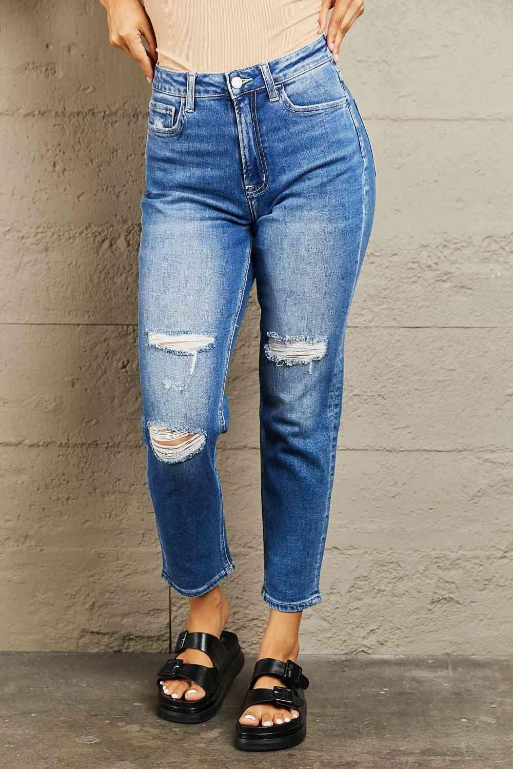 Urban Mode High Waist Distressed Cropped Jeans - MXSTUDIO.COM
