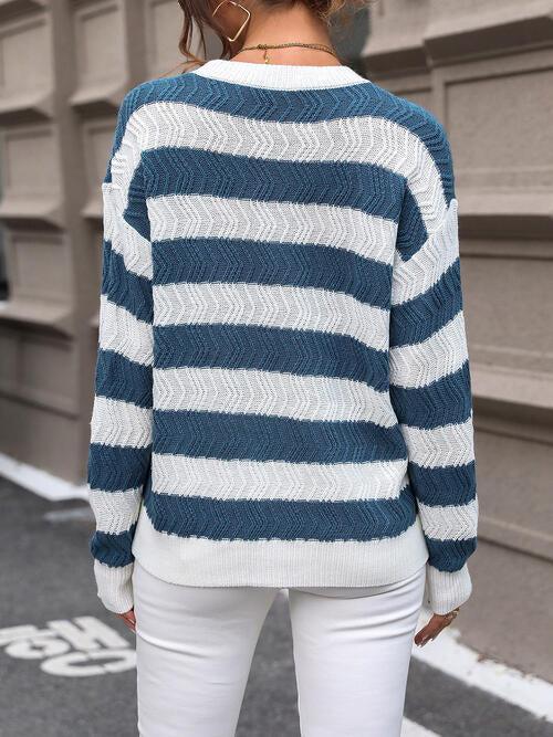 Urban Style Knitted Striped Crew Neck Sweater-MXSTUDIO.COM