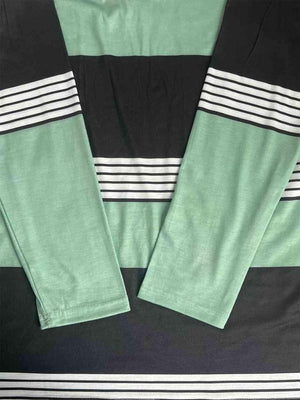 a green and black shirt with white stripes