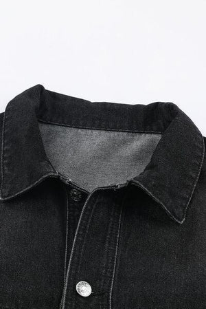 a black denim shirt with a button on the chest