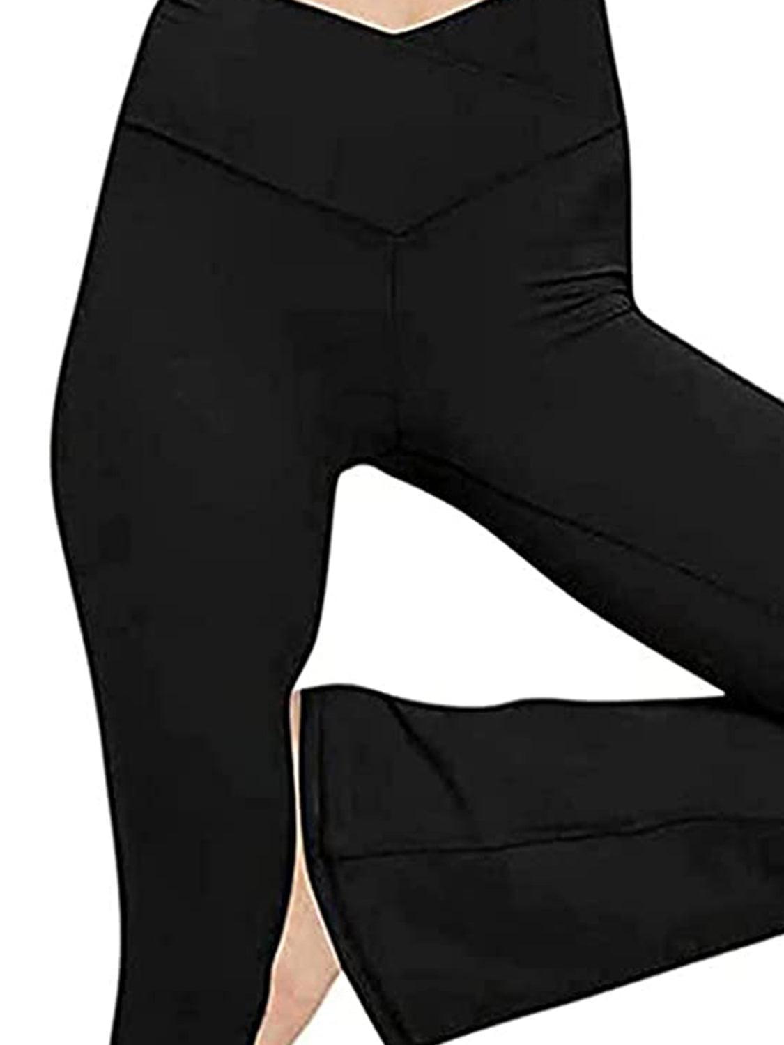 a woman in black leggings with her legs crossed