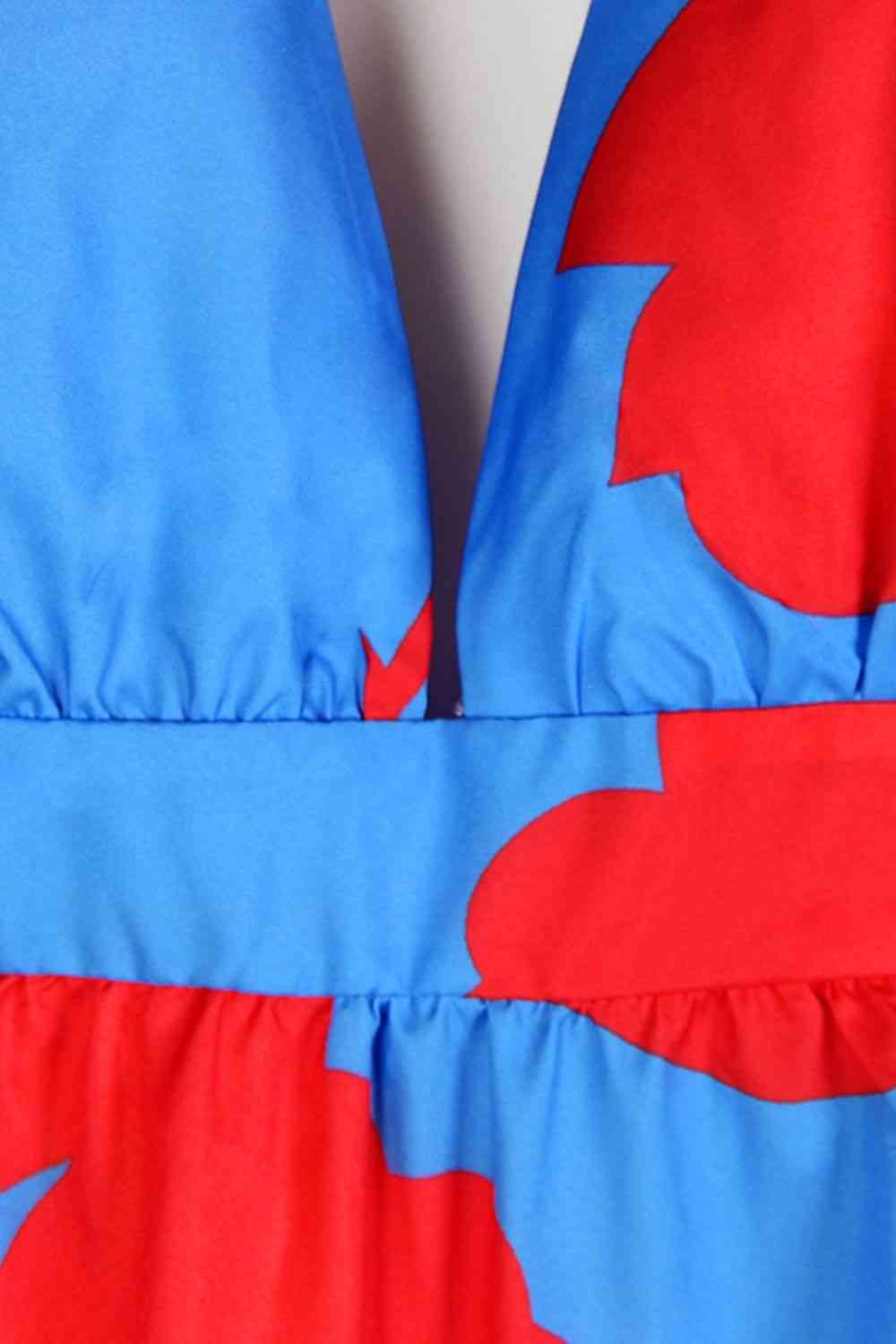 a blue and red dress with a red and blue design