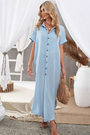 Vacation Mode Slit Maxi Shirt Dress - MXSTUDIO.COM