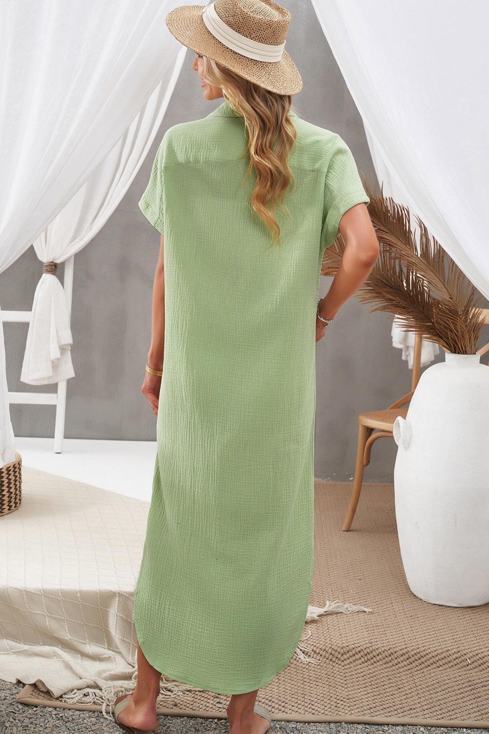 Vacation Mode Slit Maxi Shirt Dress - MXSTUDIO.COM