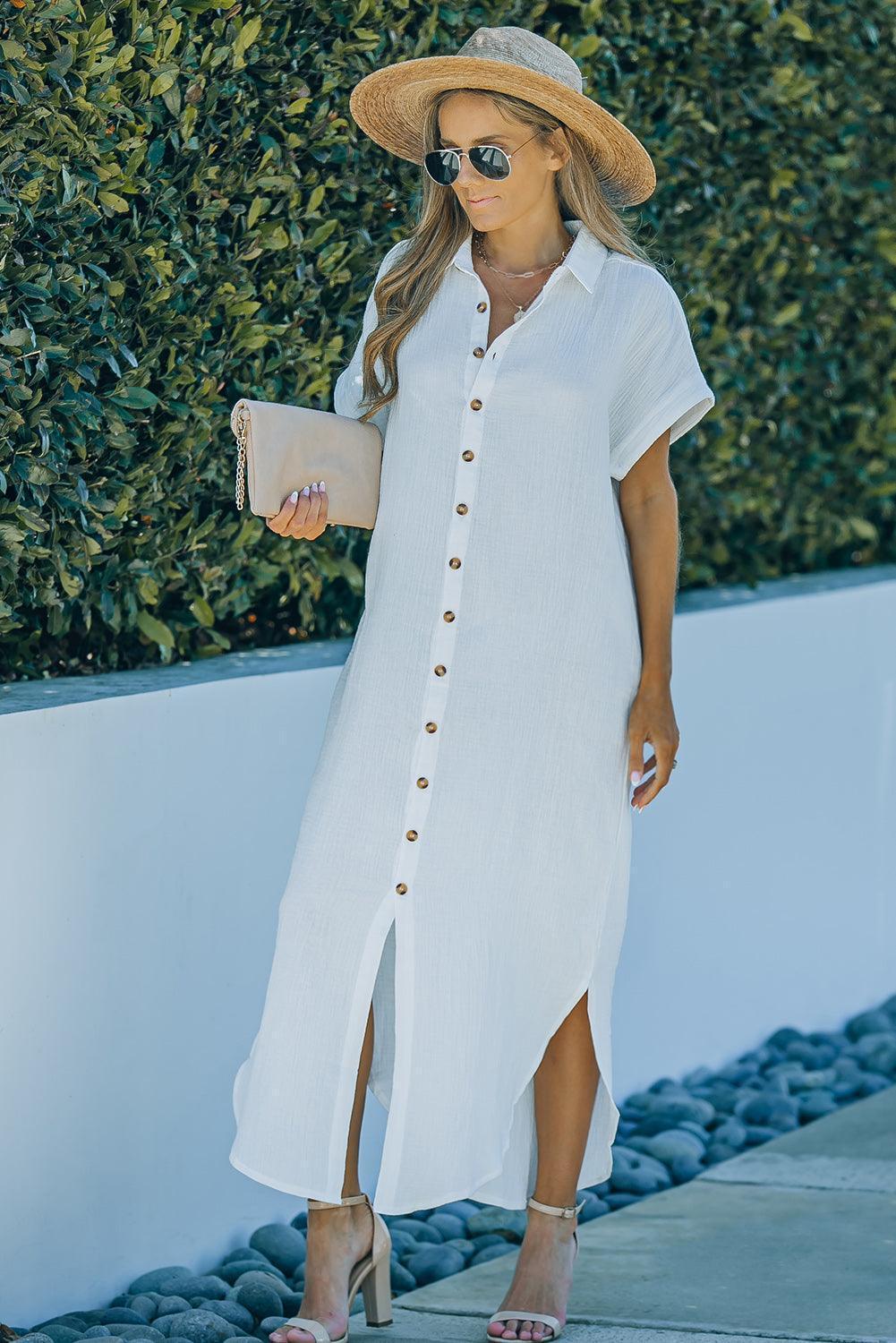 Vacation Mode Slit Maxi Shirt Dress - MXSTUDIO.COM