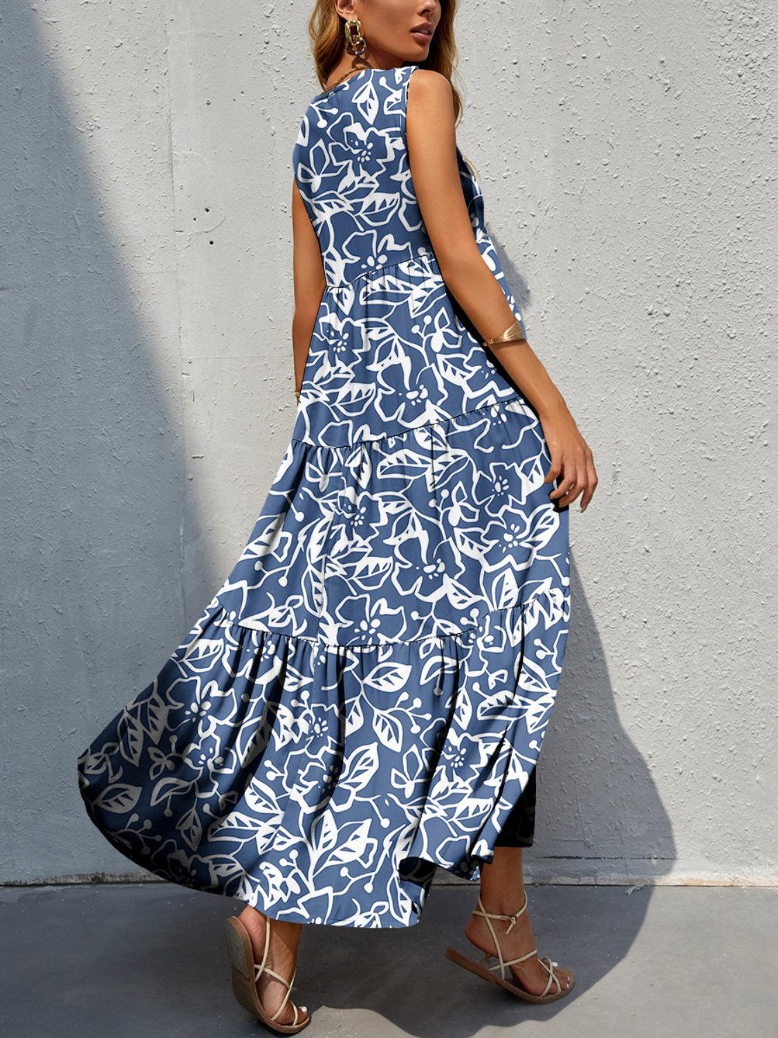 a woman wearing a blue and white dress