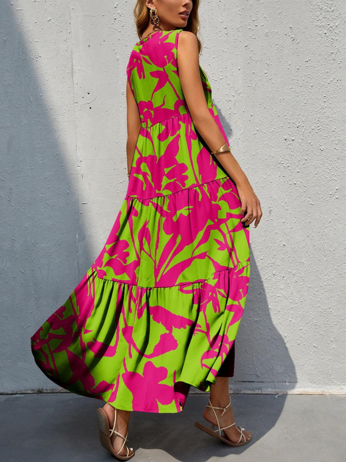 a woman in a pink and green dress