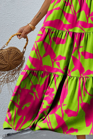 a woman in a pink and green dress holding a basket