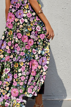 a woman in a floral print dress