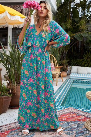 Vacation Ready Floral V-Neck Maxi Dress - MXSTUDIO.COM