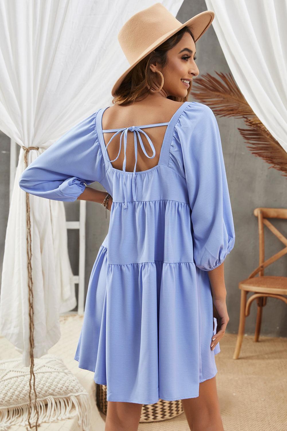 Vacation Wear Square Neck Tiered Dress - MXSTUDIO.COM