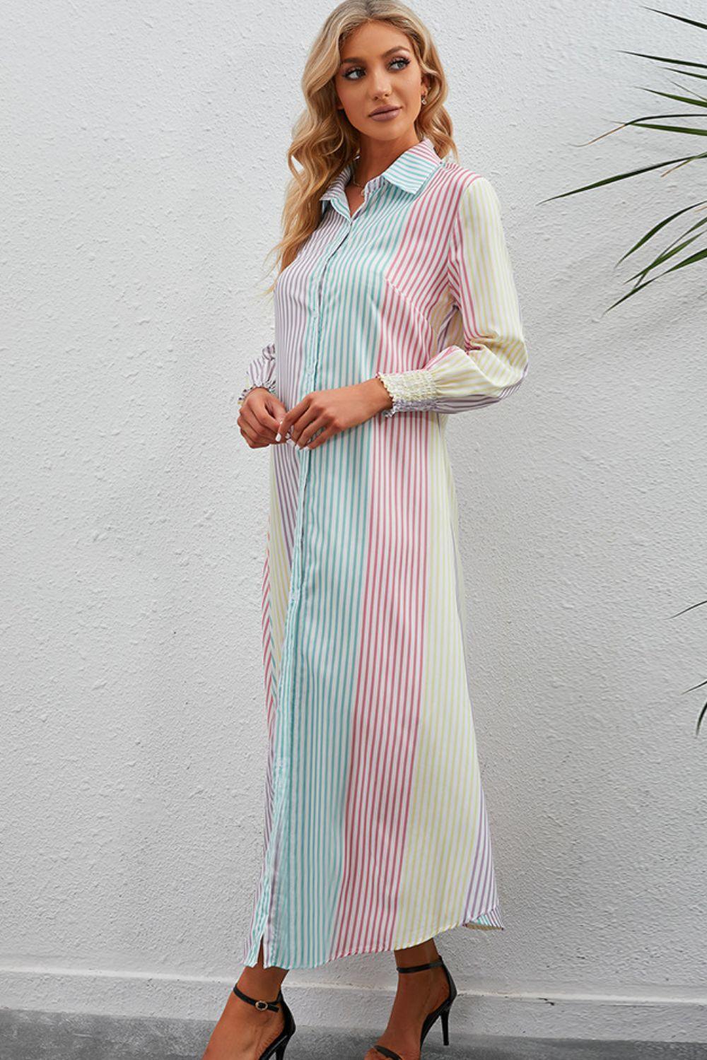 Vacation With Class Stripe Maxi Shirt Dress - MXSTUDIO.COM