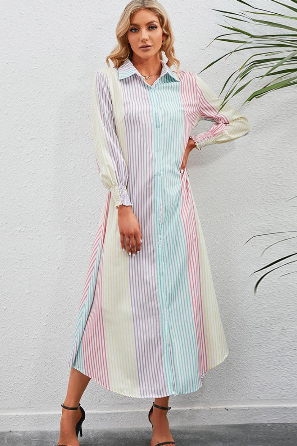 Vacation With Class Stripe Maxi Shirt Dress - MXSTUDIO.COM