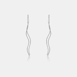 a pair of silver earrings on a white background