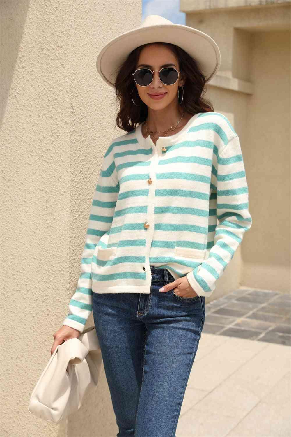 Versatile Button Down Striped Cardigan - MXSTUDIO.COM