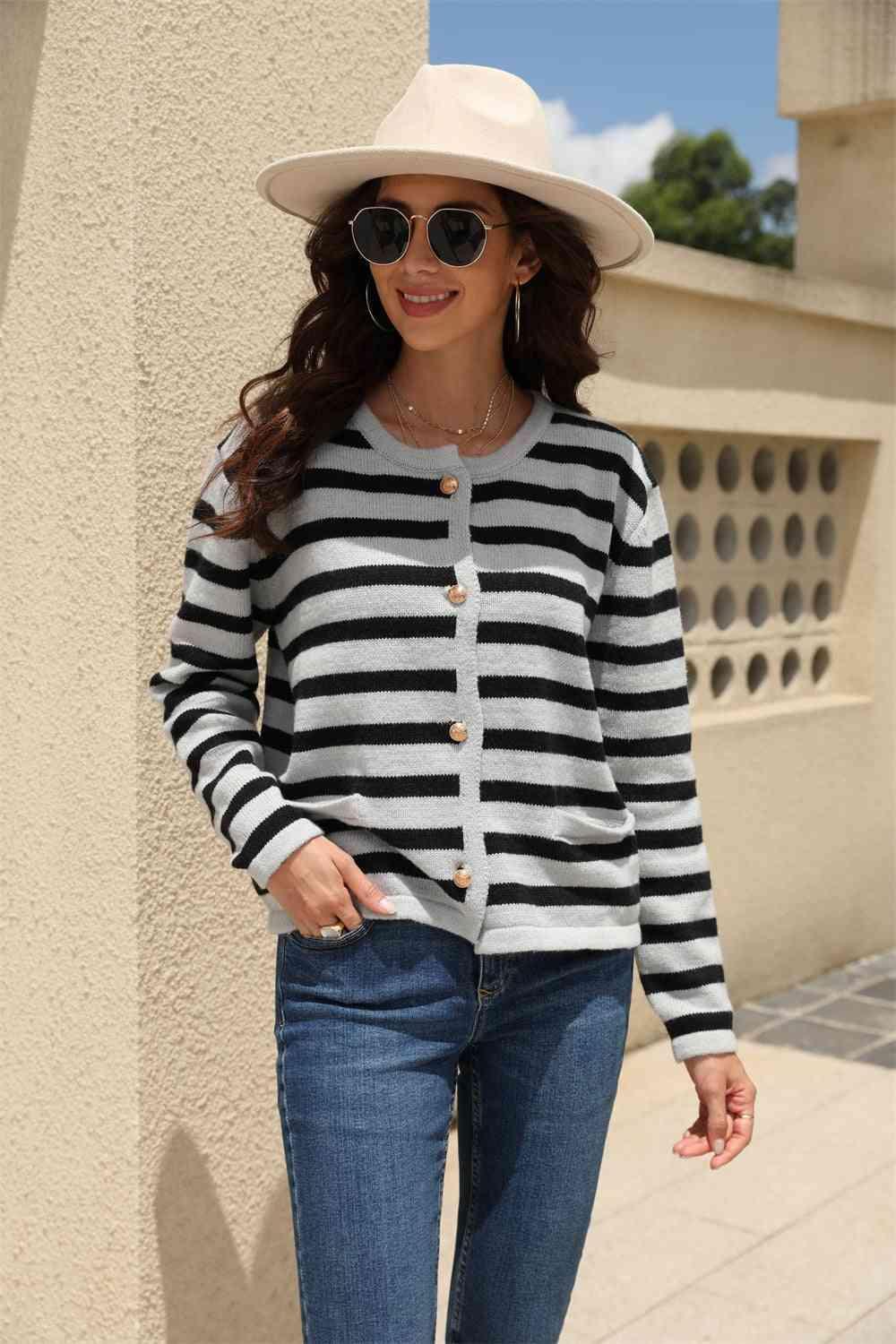 Versatile Button Down Striped Cardigan - MXSTUDIO.COM