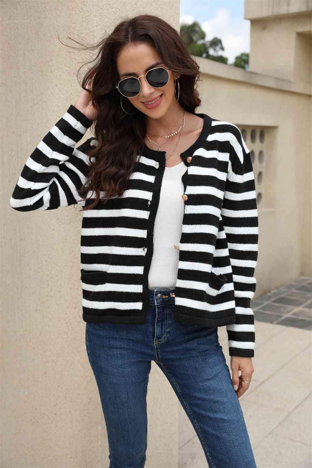 Versatile Button Down Striped Cardigan - MXSTUDIO.COM