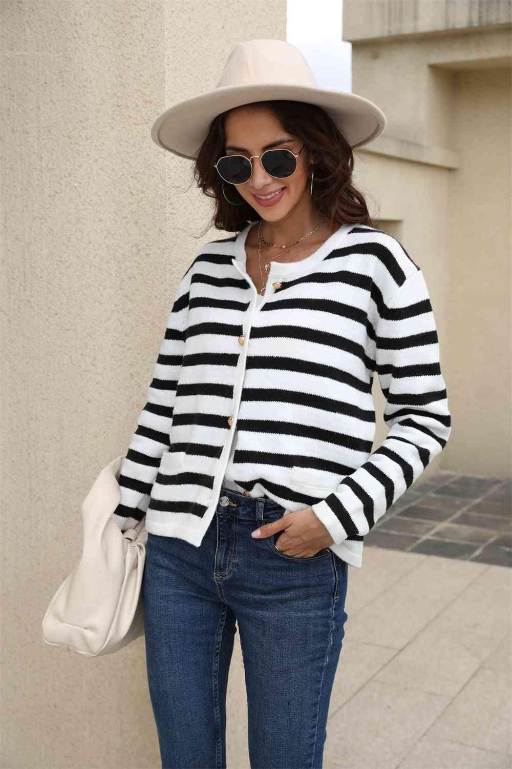 Versatile Button Down Striped Cardigan - MXSTUDIO.COM