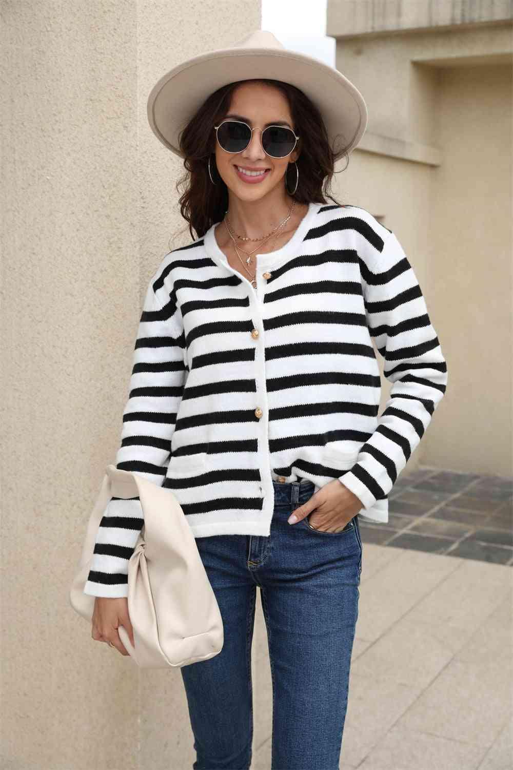 Versatile Button Down Striped Cardigan - MXSTUDIO.COM