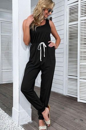 Versatile Drawstring Waist Black Jogger Jumpsuit - MXSTUDIO.COM