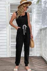 Versatile Drawstring Waist Black Jogger Jumpsuit - MXSTUDIO.COM