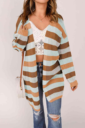 Versatile Layer Open Knit Long Striped Cardigan-MXSTUDIO.COM