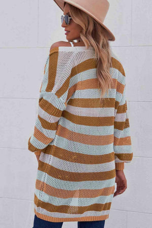 Versatile Layer Open Knit Long Striped Cardigan-MXSTUDIO.COM