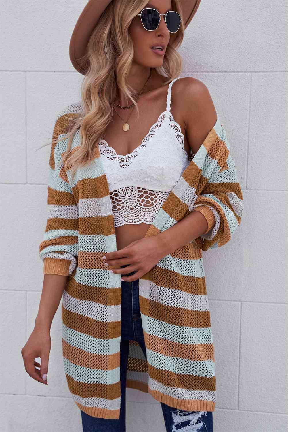 Versatile Layer Open Knit Long Striped Cardigan-MXSTUDIO.COM