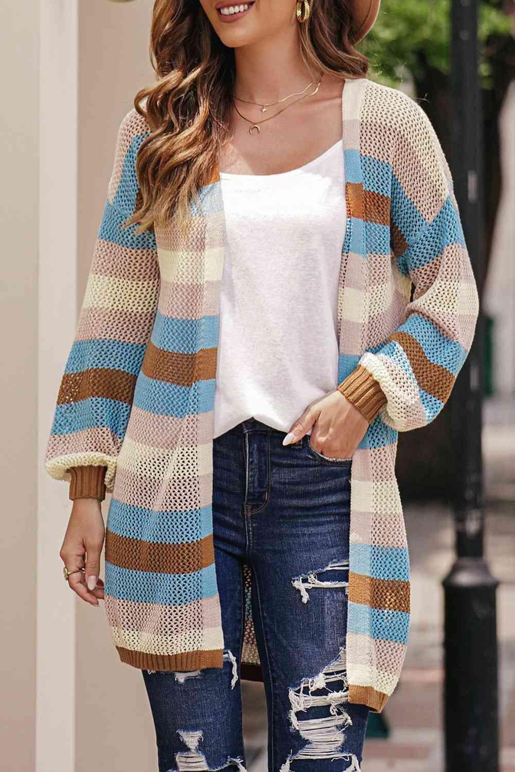 Versatile Layer Open Knit Long Striped Cardigan-MXSTUDIO.COM