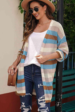 Versatile Layer Open Knit Long Striped Cardigan-MXSTUDIO.COM