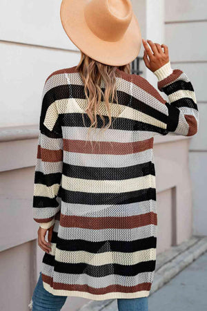 Versatile Layer Open Knit Long Striped Cardigan-MXSTUDIO.COM