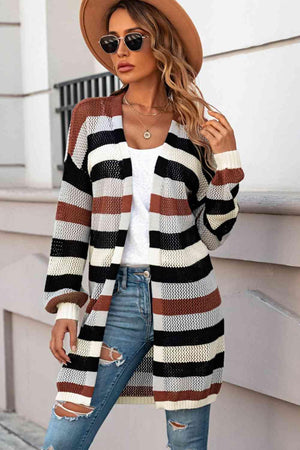 Versatile Layer Open Knit Long Striped Cardigan-MXSTUDIO.COM