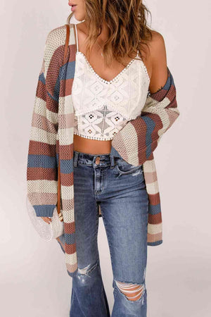 Versatile Layer Open Knit Long Striped Cardigan-MXSTUDIO.COM