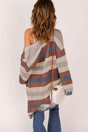 Versatile Layer Open Knit Long Striped Cardigan-MXSTUDIO.COM