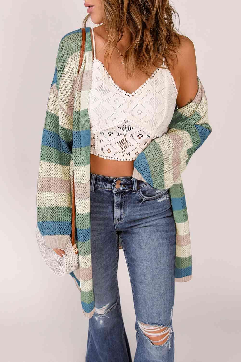 Versatile Layer Open Knit Long Striped Cardigan-MXSTUDIO.COM