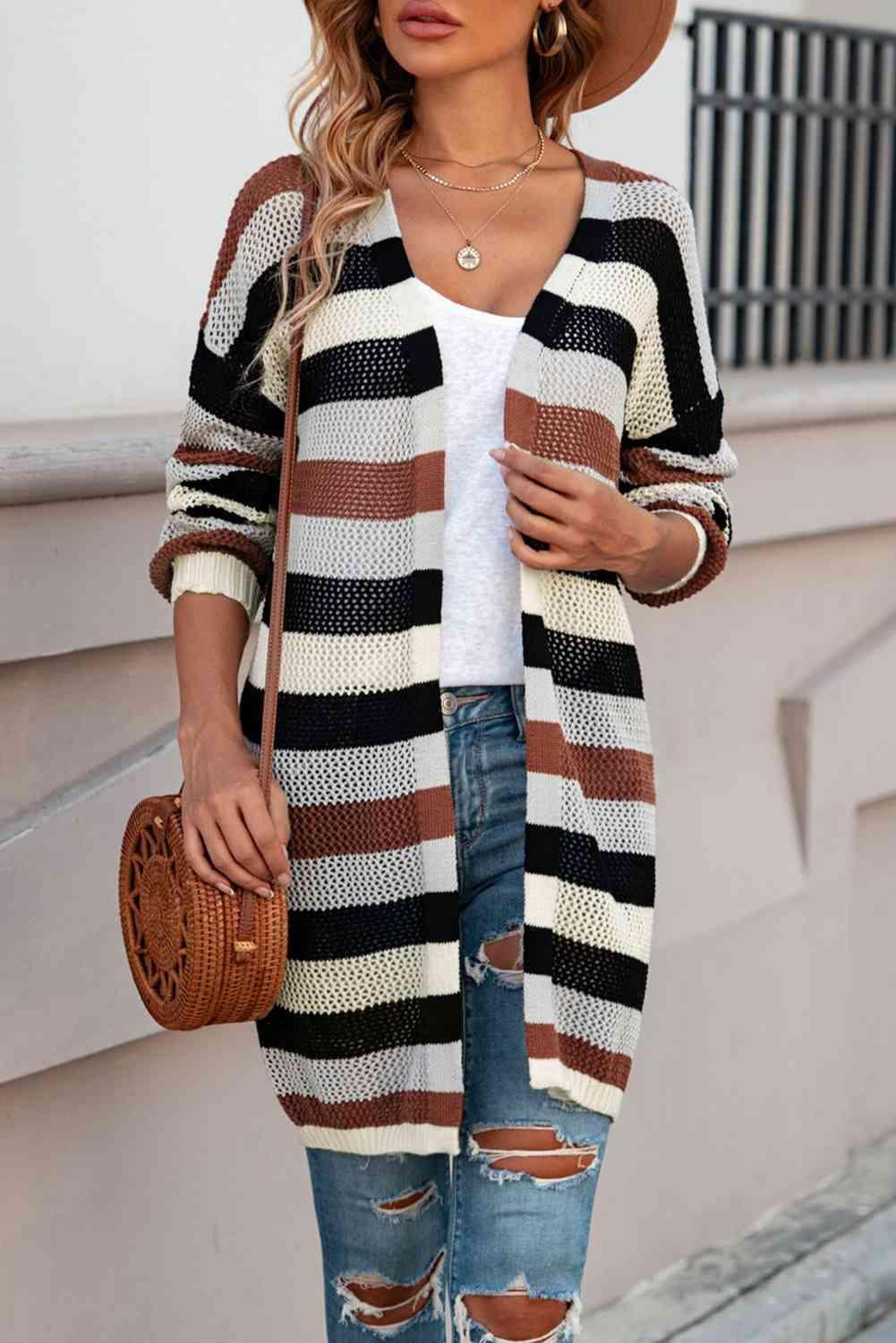 Versatile Layer Open Knit Long Striped Cardigan-MXSTUDIO.COM