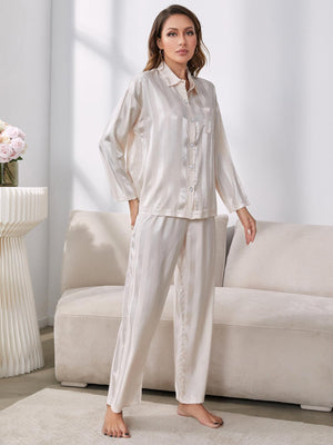 Vertical Stripe White Shirt And Pants Pajama Set - MXSTUDIO.COM