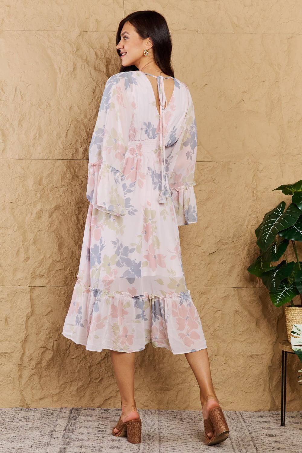 Vibrancy and Vivacity Ruffle Floral Bell Sleeve Dress - MXSTUDIO.COM