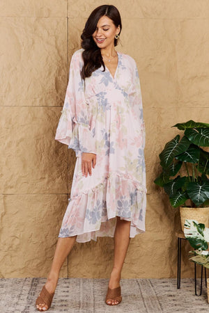 Vibrancy and Vivacity Ruffle Floral Bell Sleeve Dress - MXSTUDIO.COM