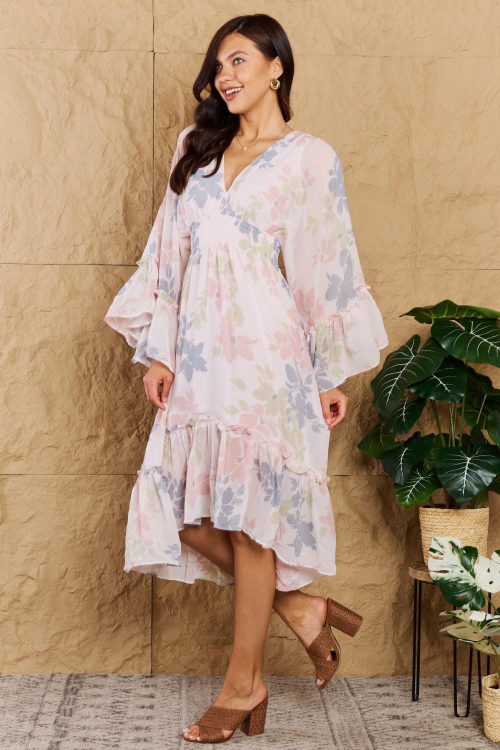 Vibrancy and Vivacity Ruffle Floral Bell Sleeve Dress - MXSTUDIO.COM