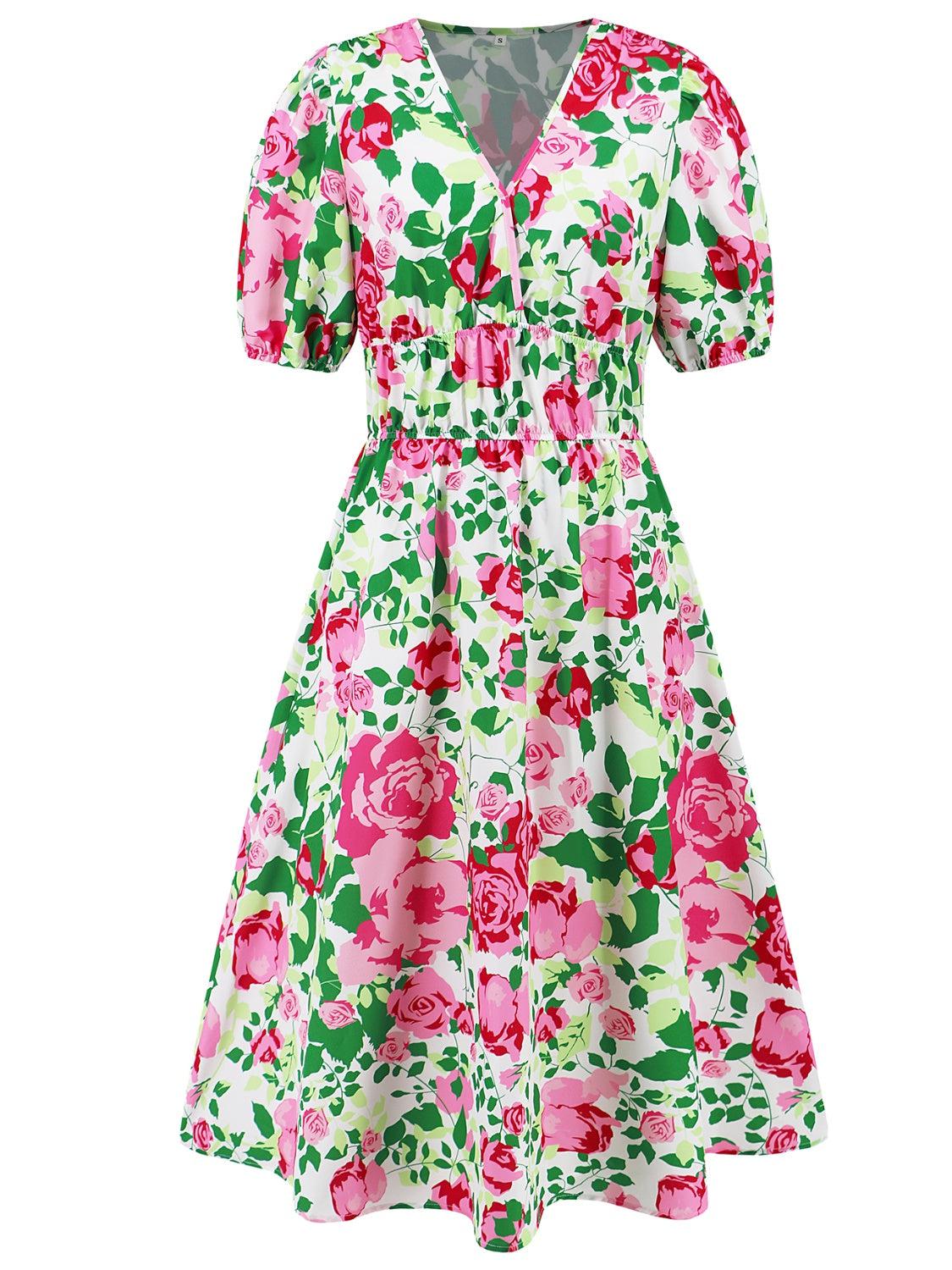 a pink and green floral print dress