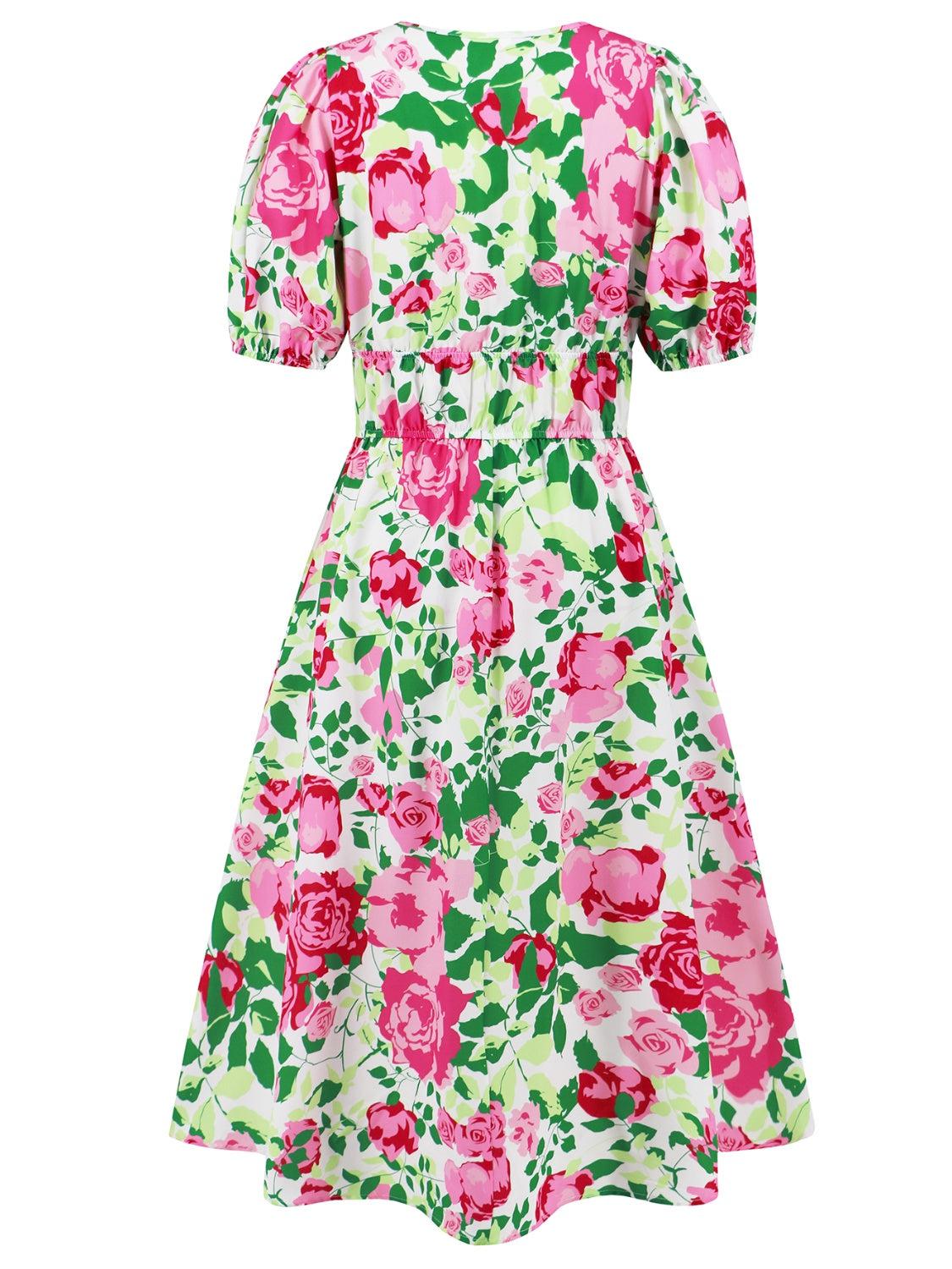 a pink and green floral print dress