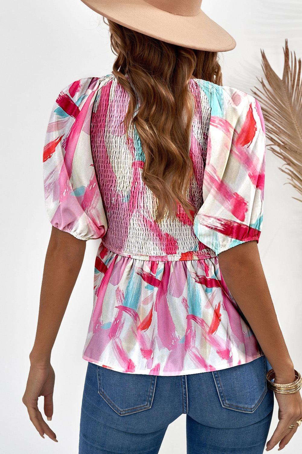 Vibrant Babydoll Half Puff Sleeve Blouse - MXSTUDIO.COM