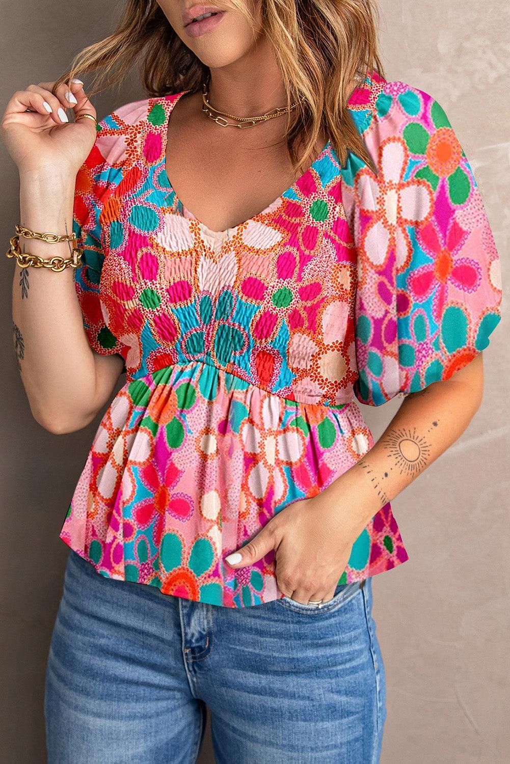 Vibrant Babydoll Half Puff Sleeve Blouse - MXSTUDIO.COM