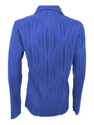 a blue shirt with wavy lines on it