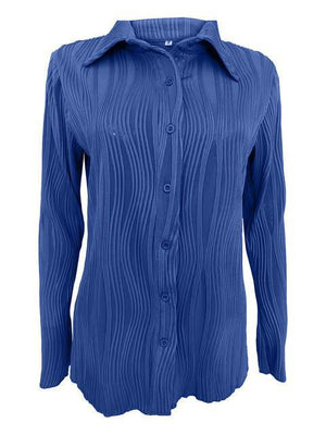 a women's blue shirt with a pleated collar