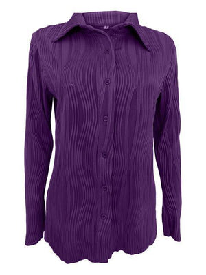 a women's purple shirt with a pleated collar