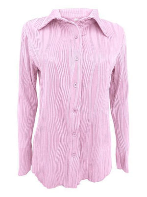 a women's pink shirt with a pleated collar