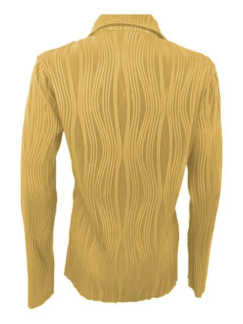 a man's yellow shirt with wavy lines on it